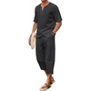 image:imageCOOFANDY Mens 2 Pieces Linen Set Henley Shirt Short Sleeve and Harem Capri Pants Wide Leg Baggy Beach Yoga Trousers OutfitsBlack