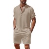 image:imageCOOFANDY Mens 2 Pieces Linen Set Henley Shirt Short Sleeve and Shorts Summer Beach Yoga Matching OutfitsKhaki