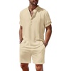 image:imageCOOFANDY Mens 2 Pieces Linen Set Henley Shirt Short Sleeve and Shorts Summer Beach Yoga Matching OutfitsLight Khaki
