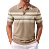 image:imageCOOFANDY Mens Knit Polo Shirts Casual Short Sleeve Button Down Shirts Crochet Classic Golf Polo Collared ShirtsKhaki With White Stripes
