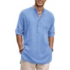 image:imageCOOFANDY Mens Linen Henley Shirts Long Sleeve Collarless TShirts Longline Kurta Beach Shirts with PocketLight Blue