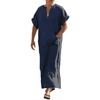 image:imageCOOFANDY Mens VNeck Linen Robe Short Sleeve Kaftan Thobe Long Gown Casual Shirt for Beach SummerNavy Blue
