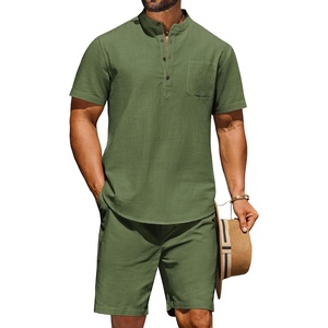 image:imageCOOFANDY Mens 2 Piece Cotton Linen Sets Summer Beach Outfits Casual Short Sleeve Henley Shirts and Vacation ShortsArmy Green
