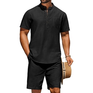 image:imageCOOFANDY Mens 2 Piece Cotton Linen Sets Summer Beach Outfits Casual Short Sleeve Henley Shirts and Vacation ShortsBlack