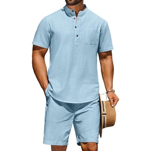 image:imageCOOFANDY Mens 2 Piece Cotton Linen Sets Summer Beach Outfits Casual Short Sleeve Henley Shirts and Vacation ShortsBlue