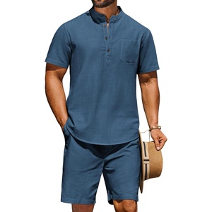 image:imageCOOFANDY Mens 2 Piece Cotton Linen Sets Summer Beach Outfits Casual Short Sleeve Henley Shirts and Vacation ShortsDenim Blue