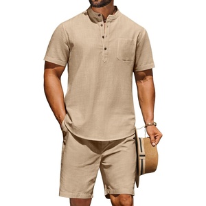 image:imageCOOFANDY Mens 2 Piece Cotton Linen Sets Summer Beach Outfits Casual Short Sleeve Henley Shirts and Vacation ShortsKhaki