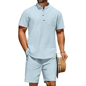 image:imageCOOFANDY Mens 2 Piece Cotton Linen Sets Summer Beach Outfits Casual Short Sleeve Henley Shirts and Vacation ShortsLight Blue