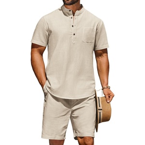 image:imageCOOFANDY Mens 2 Piece Cotton Linen Sets Summer Beach Outfits Casual Short Sleeve Henley Shirts and Vacation ShortsLight Khaki