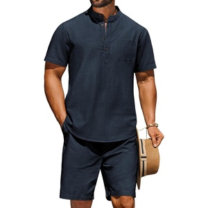 image:imageCOOFANDY Mens 2 Piece Cotton Linen Sets Summer Beach Outfits Casual Short Sleeve Henley Shirts and Vacation ShortsNavy Blue