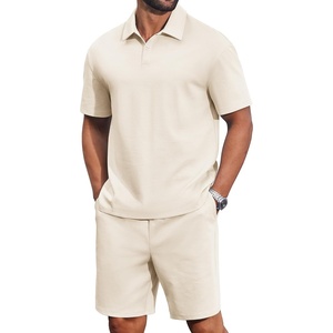 image:imageCOOFANDY Mens 2 Piece Outfits Casual Cotton Short Sleeve Polo Shirts and Shorts Sets Loose Fit Summer Athletic Track SuitsBeige