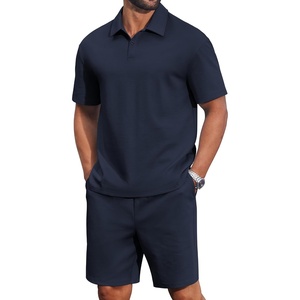 image:imageCOOFANDY Mens 2 Piece Outfits Casual Cotton Short Sleeve Polo Shirts and Shorts Sets Loose Fit Summer Athletic Track SuitsDark Blue