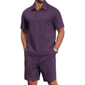 image:imageCOOFANDY Mens 2 Piece Outfits Casual Cotton Short Sleeve Polo Shirts and Shorts Sets Loose Fit Summer Athletic Track SuitsPurple