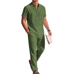 image:imageCOOFANDY Mens 2 Pieces Cotton Linen Sets Short Sleeve Casual Henley Shirt Summer Beach Pants Lounge Vacation Outfits SetArmy Green
