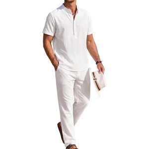 image:imageCOOFANDY Mens 2 Pieces Cotton Linen Sets Short Sleeve Casual Henley Shirt Summer Beach Pants Lounge Vacation Outfits SetAwhite