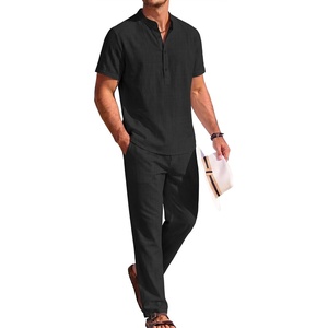 image:imageCOOFANDY Mens 2 Pieces Cotton Linen Sets Short Sleeve Casual Henley Shirt Summer Beach Pants Lounge Vacation Outfits SetBlack