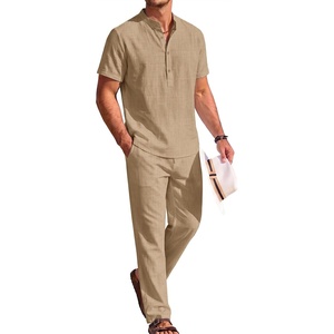 image:imageCOOFANDY Mens 2 Pieces Cotton Linen Sets Short Sleeve Casual Henley Shirt Summer Beach Pants Lounge Vacation Outfits SetKhaki