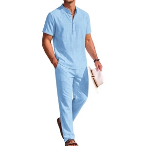 image:imageCOOFANDY Mens 2 Pieces Cotton Linen Sets Short Sleeve Casual Henley Shirt Summer Beach Pants Lounge Vacation Outfits SetLight Blue