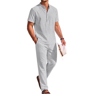 image:imageCOOFANDY Mens 2 Pieces Cotton Linen Sets Short Sleeve Casual Henley Shirt Summer Beach Pants Lounge Vacation Outfits SetLight Grey