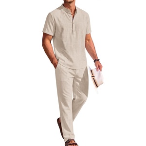 image:imageCOOFANDY Mens 2 Pieces Cotton Linen Sets Short Sleeve Casual Henley Shirt Summer Beach Pants Lounge Vacation Outfits SetLight Khaki