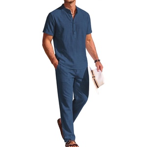 image:imageCOOFANDY Mens 2 Pieces Cotton Linen Sets Short Sleeve Casual Henley Shirt Summer Beach Pants Lounge Vacation Outfits SetNavy Blue