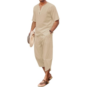 image:imageCOOFANDY Mens 2 Pieces Linen Set Henley Shirt Short Sleeve and Harem Capri Pants Wide Leg Baggy Beach Yoga Trousers Outfits02light Khaki