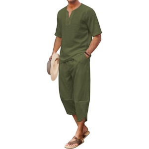 image:imageCOOFANDY Mens 2 Pieces Linen Set Henley Shirt Short Sleeve and Harem Capri Pants Wide Leg Baggy Beach Yoga Trousers OutfitsArmy Green