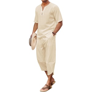 image:imageCOOFANDY Mens 2 Pieces Linen Set Henley Shirt Short Sleeve and Harem Capri Pants Wide Leg Baggy Beach Yoga Trousers OutfitsBeige