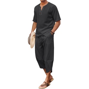 image:imageCOOFANDY Mens 2 Pieces Linen Set Henley Shirt Short Sleeve and Harem Capri Pants Wide Leg Baggy Beach Yoga Trousers OutfitsBlack