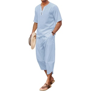 image:imageCOOFANDY Mens 2 Pieces Linen Set Henley Shirt Short Sleeve and Harem Capri Pants Wide Leg Baggy Beach Yoga Trousers OutfitsBlue
