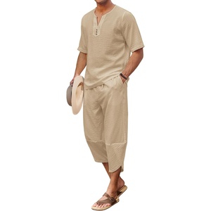 image:imageCOOFANDY Mens 2 Pieces Linen Set Henley Shirt Short Sleeve and Harem Capri Pants Wide Leg Baggy Beach Yoga Trousers OutfitsKhaki