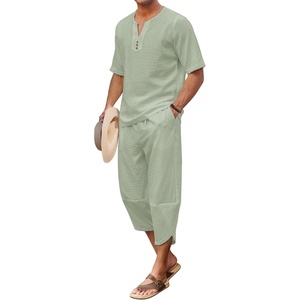 image:imageCOOFANDY Mens 2 Pieces Linen Set Henley Shirt Short Sleeve and Harem Capri Pants Wide Leg Baggy Beach Yoga Trousers OutfitsLight Green