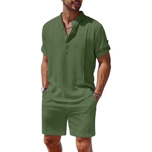 image:imageCOOFANDY Mens 2 Pieces Linen Set Henley Shirt Short Sleeve and Shorts Summer Beach Yoga Matching OutfitsArmy Green