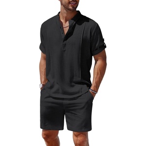 image:imageCOOFANDY Mens 2 Pieces Linen Set Henley Shirt Short Sleeve and Shorts Summer Beach Yoga Matching OutfitsBlack