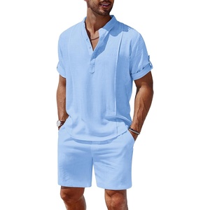 image:imageCOOFANDY Mens 2 Pieces Linen Set Henley Shirt Short Sleeve and Shorts Summer Beach Yoga Matching OutfitsBlue