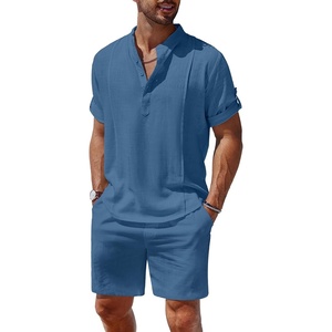 image:imageCOOFANDY Mens 2 Pieces Linen Set Henley Shirt Short Sleeve and Shorts Summer Beach Yoga Matching OutfitsDenim Blue