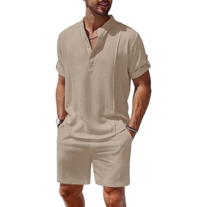 image:imageCOOFANDY Mens 2 Pieces Linen Set Henley Shirt Short Sleeve and Shorts Summer Beach Yoga Matching OutfitsKhaki