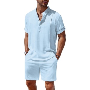 image:imageCOOFANDY Mens 2 Pieces Linen Set Henley Shirt Short Sleeve and Shorts Summer Beach Yoga Matching OutfitsLight Blue