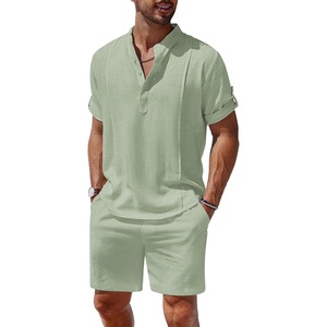 image:imageCOOFANDY Mens 2 Pieces Linen Set Henley Shirt Short Sleeve and Shorts Summer Beach Yoga Matching OutfitsLight Green