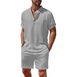 image:imageCOOFANDY Mens 2 Pieces Linen Set Henley Shirt Short Sleeve and Shorts Summer Beach Yoga Matching OutfitsLight Grey