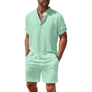 image:imageCOOFANDY Mens 2 Pieces Linen Set Henley Shirt Short Sleeve and Shorts Summer Beach Yoga Matching OutfitsMint Green