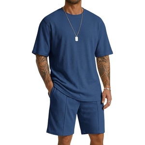 image:imageCOOFANDY Mens 2 Pieces Outfits Casual Cotton T Shirt and Shorts Set Summer Short Sleeve Waffle TracksuitsBlue