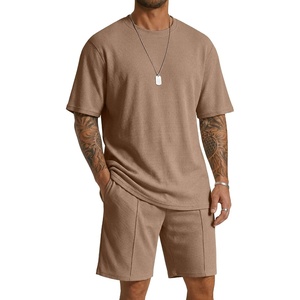 image:imageCOOFANDY Mens 2 Pieces Outfits Casual Cotton T Shirt and Shorts Set Summer Short Sleeve Waffle TracksuitsKhaki