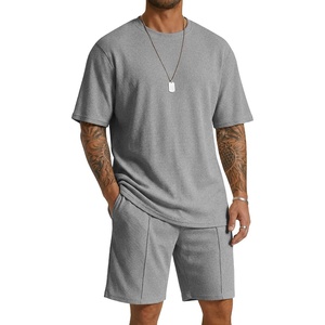 image:imageCOOFANDY Mens 2 Pieces Outfits Casual Cotton T Shirt and Shorts Set Summer Short Sleeve Waffle TracksuitsLight Grey