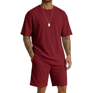 image:imageCOOFANDY Mens 2 Pieces Outfits Casual Cotton T Shirt and Shorts Set Summer Short Sleeve Waffle TracksuitsWine Red