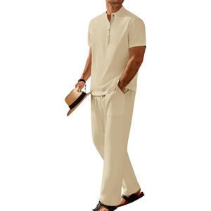 image:imageCOOFANDY Mens 2 Pieces Set Short Sleeve Casual Henley Shirts Beach Yoga Pants Summer Beach OutfitBeige