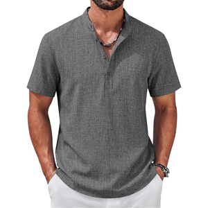image:imageCOOFANDY Mens Casual Henley Shirt Band Collar Short Sleeve Shirt for Mens Summer Beach TShirts VacationDark Gray