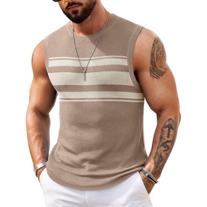image:imageCOOFANDY Mens Casual Knitted Tank Tops Crew Neck Sleeveless Muscle T Shirts Summer Beach TopsKhaki Stripe