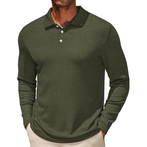 image:imageCOOFANDY Mens Casual Polo Shirts Long Sleeve Textured Knit Tee Shirt Wrok TshirtsArmy Green