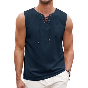 image:imageCOOFANDY Mens Cotton Linen Tank Top Shirts Casual Sleeveless Lace Up Beach Hippie Tops Bohemian Renaissance Pirate TunicBlue